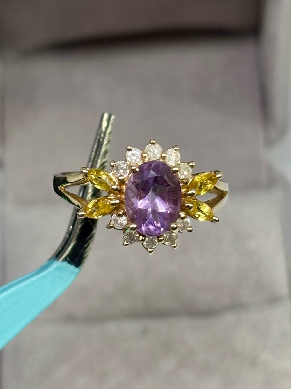 9K Gold Amethyst, Yellow Sapphire & Diamond Ring, size 7